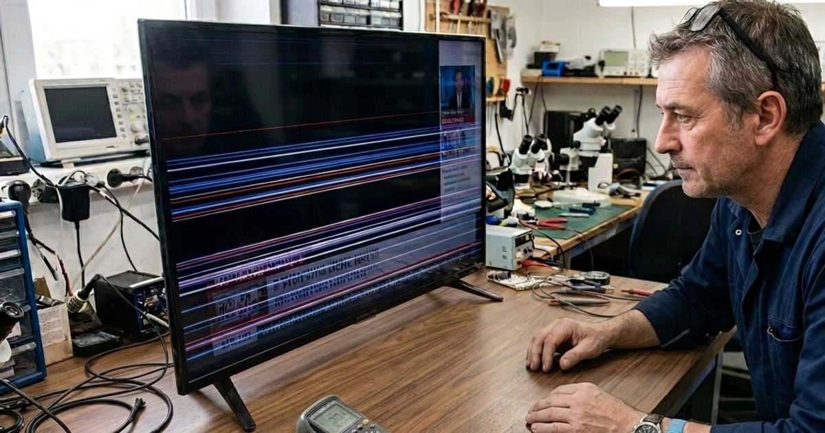 Televisor com linhas e faixas coloridas na tela, defeito comum que tem conserto