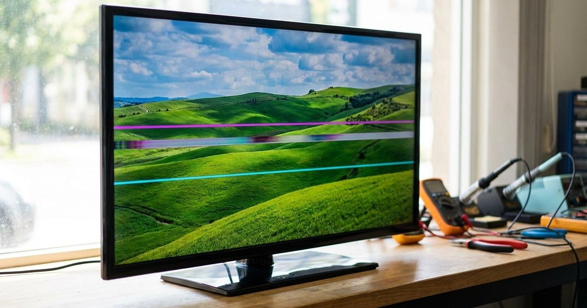 TV ligada na bancada com listras horizontais coloridas atravessando a imagem, sem trinca no vidro